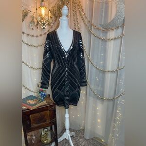 Express Black Sequin Bodycon Dress V-Neck Long Sleeve